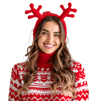 Happy smiling girl wearing red Christmas reindeer on isolated transparent background png