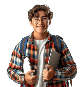Happy smiling boy holding tablet on isolated transparent background png