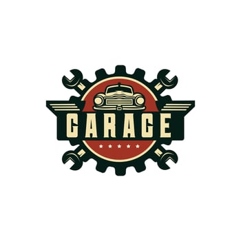 Retro car repair garage sign with retro style truck. Custom restoration shop. vector
