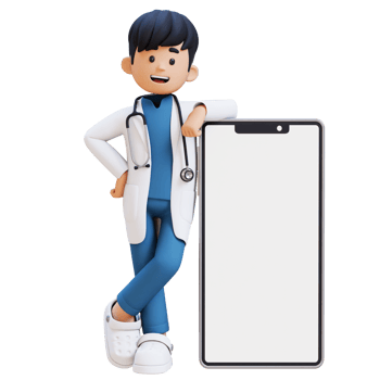3D Doctor Character Lying on Large Empty Phone Screen. Suitable for Medical content png