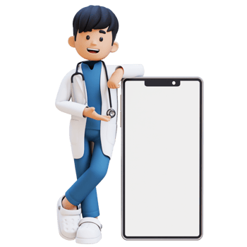 3D Doctor Character Presenting and Lying on Big Empty Phone Screen. Suitable for Medical content png