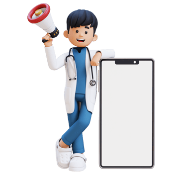3D Doctor Character Holding Megaphone and Lying on Big Empty Phone Screen. Suitable for Medical content png