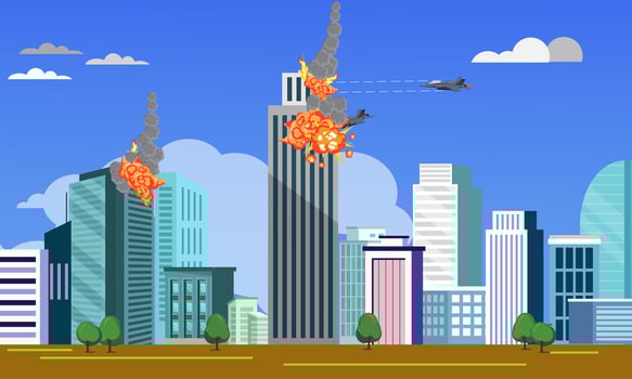 Fighter planes attacked the city and crashed into buildings. scene illustration war. vector