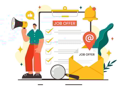 Job Offer Illustration featuring a Businessman, Recruitment Search, Career Start, and Company Vacancy in a Flat Style Cartoon Background vector