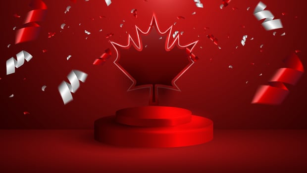 Happy Canada day banner greeting card Canadian wavy flag in 1st of July with podium vector