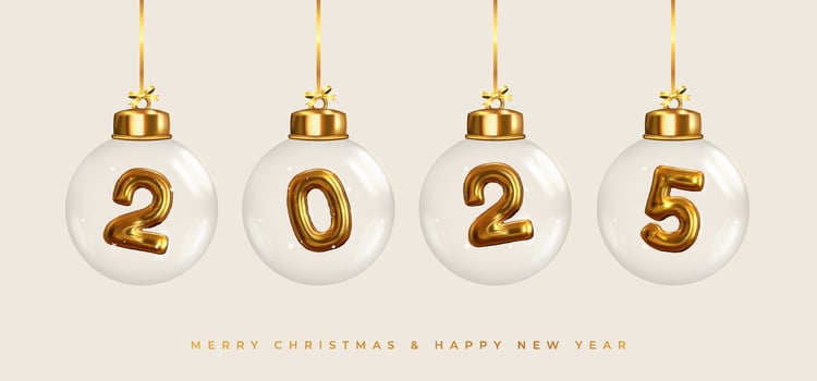 Happy New Year 2025. Golden numbers inside glass Christmas balls hanging on ribbon. Realistic 3D image of metal sign. Celebrating 2025 party. Christmas poster, web banner, site header. vector