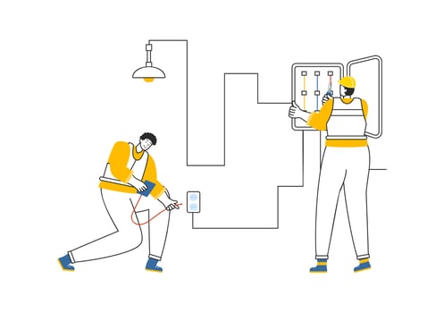 Lighting and Electricity Illustration featuring a Light Bulb, Lamp, and Energy Maintenance Service Panel Cabinet for Technician Electrical Work vector