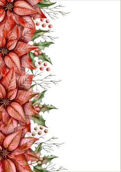 New Years Christmas hand drawn watercolor illustration with poinsettia, holly branch, branch of tree without leaves and branch with berries vector