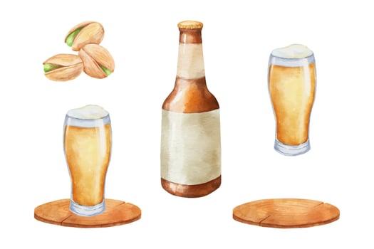 Glass of beer with foam. Watercolor illustration vector