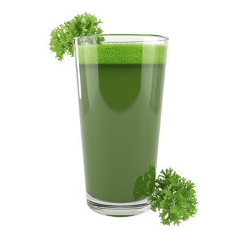 A glass of green juice with parsley on the side On Transparent Background. png