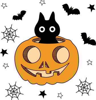 Halloween Black Cat in Pumpkin Illustration - Cute Cartoon with Bats, Spider Webs, and Stars for Halloween Decorations, Cards, Sticker and T-Shirts vector