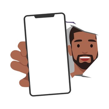 Young smiling man showing blank mobile, cell phone behind the wall. vector