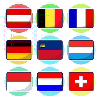 Western European countries. Flat rectangle element design, travel symbols, landmark symbols, geography and map flags emblem. vector