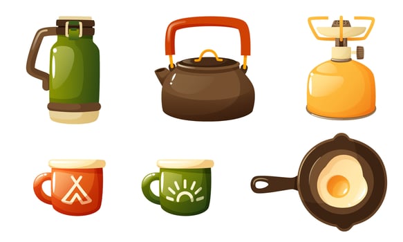 illustration of a set of camping utensils. Tourist dishes, thermos, kettle, gas burner, metal cups, frying pan, scrambled eggs. Equipment for camping, camps, expeditions. vector
