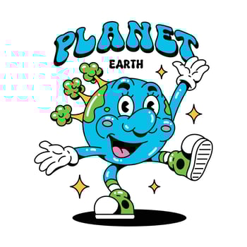Hand drawn character Of Planet Earth Pose Retro Cartoon Groovy Style vector