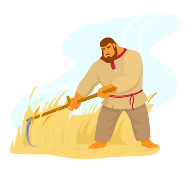 Authentic traditional strong peasant barefoot mows the grass with a hand scythe. Bogatyr in russian shirt character. Rural worker. Strong man. Harvesting rye. Cartoon illustration. vector