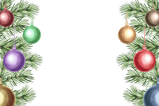 Christmas tree balls with bows on spruce branch. Hand drawn watercolor illustration. Christmas, New Year decorating on Pine, Fir twig. Vintage Postcard. Template with copy space for invitation, card. png