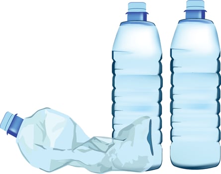 Crumpled plastic water bottle contrasting with full bottles vector