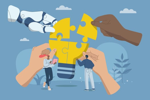 Teamwork with AI, Collaboration of personnel with artificial intelligence, New innovation development, Big hands work with robots to complete light bulb jigsaw puzzles. design illustration. vector