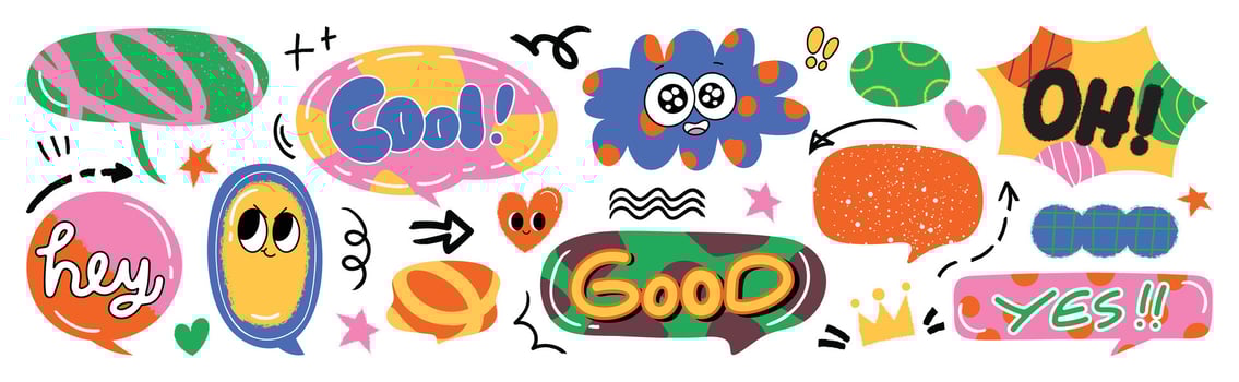 Set of doodle and speech bubble . Collection of contemporary figure, speech bubble with text, arrow in funky groovy style. Chat design element perfect for banner, print, sticker. vector