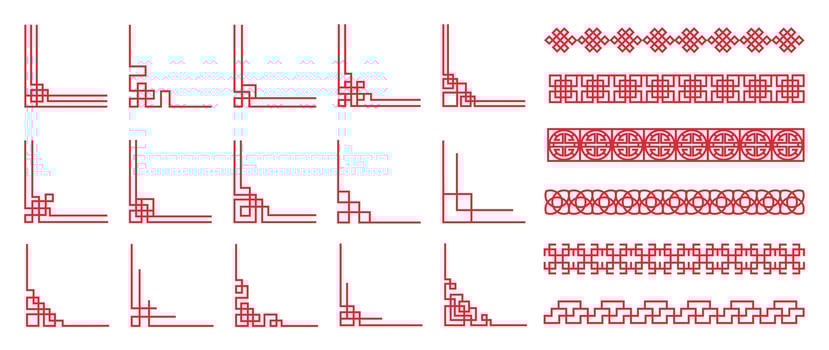 Chinese frame corner ornament set. Traditional decorative elements with line, corner, frame, header, pattern. Illustration of elegant design suitable for card, invitation, poster, cover. vector