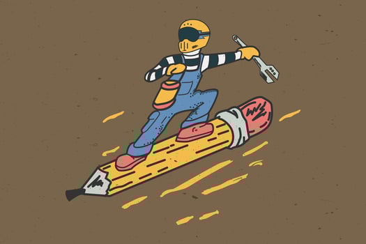 Illustration of man in glasses full of fun surfing with a pencil pouring out his imagination vector