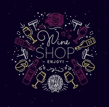 Alcohol monogram in flat style lettering wine shop enjoy drawing with color lines on dark background vector