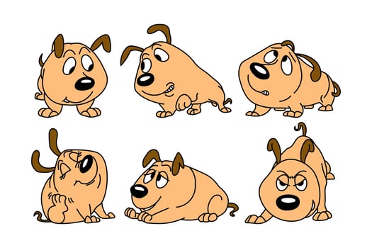 Set of drawn funny comical dogs with different emotions. Children's print, cartoon illustration vector