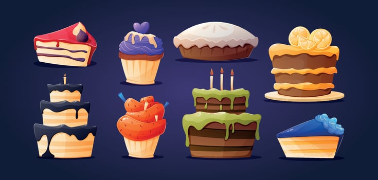 Assorted colorful sweet cakes and pie pieces, set of cartoon isolated illustrations, delicious holiday pastries. vector