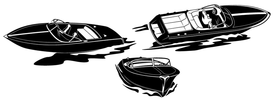 Vintage Speedboats Silhouettes. Set of motorboats cliparts isolated on white. vector