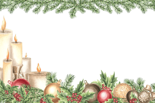 Christmas balls with candles and holly on spruce branch. Vintage frame. Hand drawn watercolor illustration. New Year decorating on Pine, Fir twig. Template with copy space for invitation, print, card. png