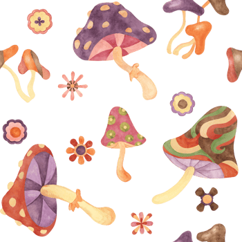 Retro groovy seamless pattern with mushrooms and flowers in watercolor. Vintage hippie fungi textile ornament clipart. Hand drawn nostalgic print for clothing, wallpaper, wrapping, scrapbooking png
