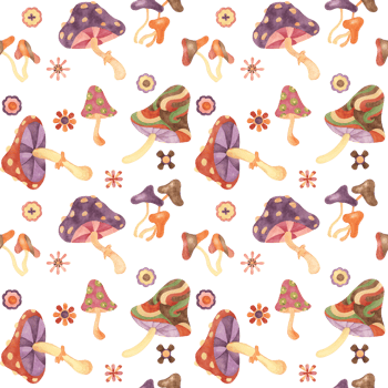 Groovy seamless pattern, retro mushrooms and flowers in watercolor. Vintage hippie fungi textile ornament clipart. Hand drawn fly agaric nostalgic print for clothes, wallpaper, wrapping, scrapbooking png
