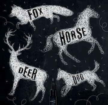 Pen hand drawing tangle wild animals deer, horse, fox, dog with inscription names of animals drawing with white ink on black background vector