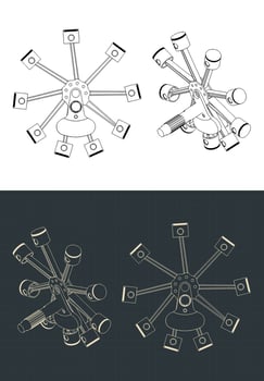 Radial engine pistons drawings vector