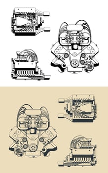 Turbocharged engine blueprints vector