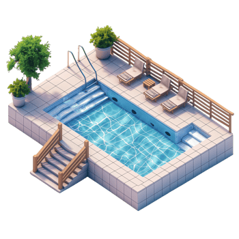 sometric view of a modern swimming pool area with clean tile flooring, lounge chairs, railings, and greenery, ideal for relaxation and leisure. png