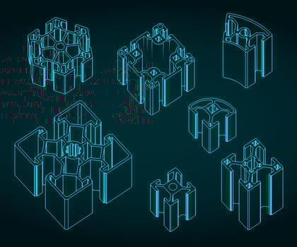 Aluminum profiles isometric blueprints vector