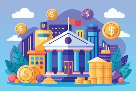 An illustration depicting a modern bank building in a cityscape surrounded by gold coins. vector
