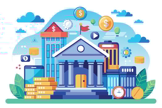 An illustration depicting a modern bank building with surrounding digital financial services such as online banking, mobile payments, and financial management tools. vector
