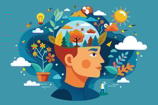 A colorful, cartoon illustration of a persons head, open to reveal a vibrant forest inside. Surrounding the head are whimsical illustrations, including flowers, clouds, a sun, and a tiny explorer. vector