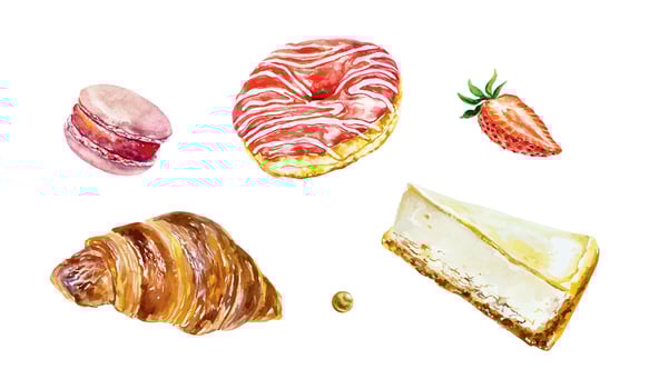 Cakes set watercolor. Donut, croissant, macaron, cheesecake. For cafe, bakery, confectionery menu design, birthday cards, invitations, large banners. vector