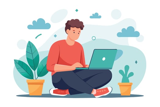 A man with brown hair sits on the floor, legs crossed, working on a laptop computer. Two potted plants are on either side of him. vector