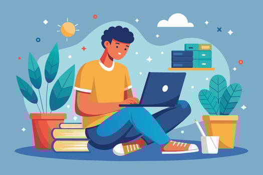 A young man sits on the floor of his home office, using a laptop. He is surrounded by books, plants, and other office supplies. vector