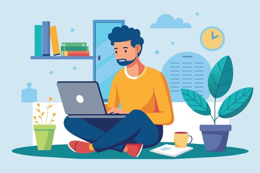 A man is sitting on the floor, working on a laptop computer. He is wearing a yellow shirt and has a cup of coffee nearby. vector