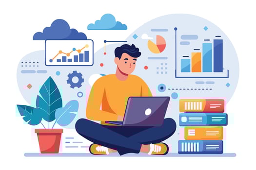 An illustration of a man sitting cross-legged on the floor, working on his laptop with colorful data charts and graphs in the background. vector