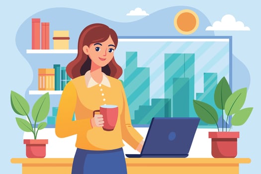 A woman is working on her laptop in her office. She has a cup of coffee in one hand and looks like she is taking a break. The office has a window that looks out onto a city skyline. vector
