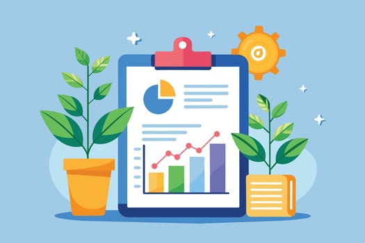 A colorful illustration featuring a clipboard with a pie chart and bar graph, a line graph showing growth, and two potted plants. vector
