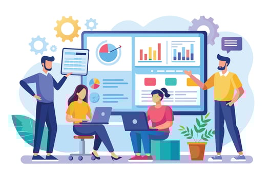 A team of four people, two men and two women, discuss data displayed on a large computer screen during a meeting. They analyze charts, graphs, and numbers to gain insights and make informed decisions. vector