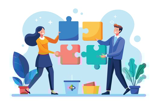 A woman and a man work together to complete a puzzle, demonstrating teamwork and collaboration. vector